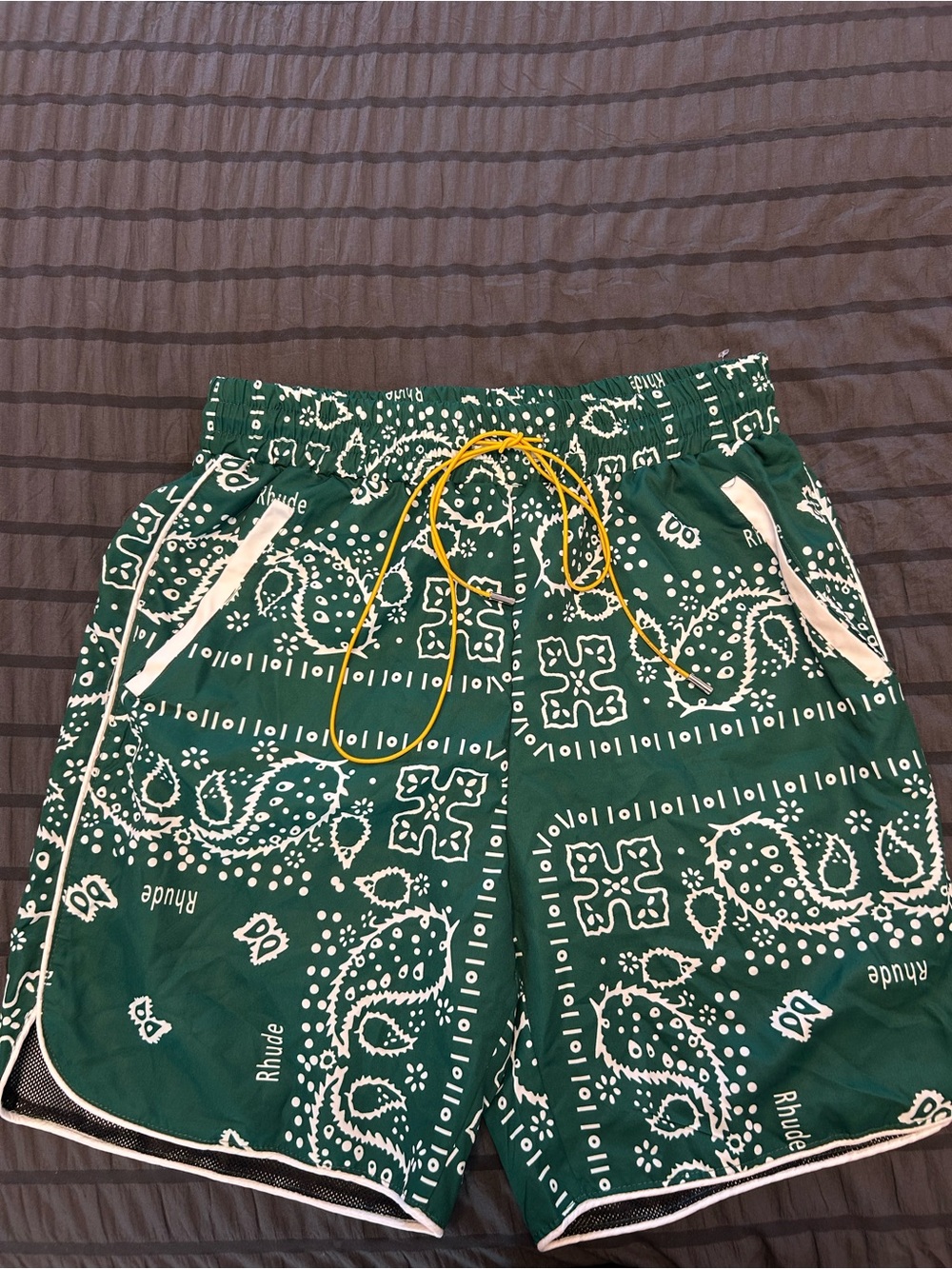 Rhude Green Bandana-Print Athletic Shorts with Yellow Drawstring
